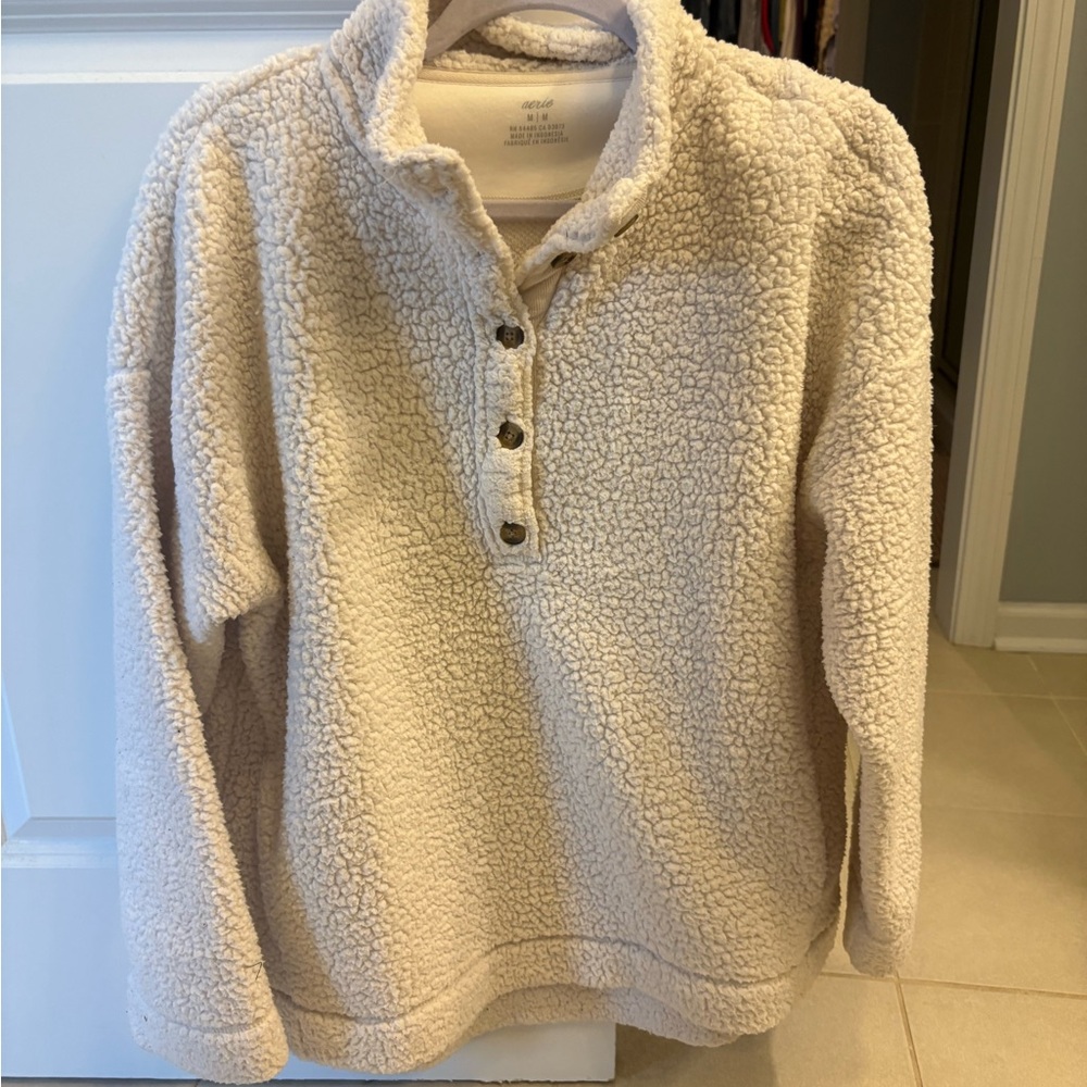 aerie Cream Sherpa Henley Pullover